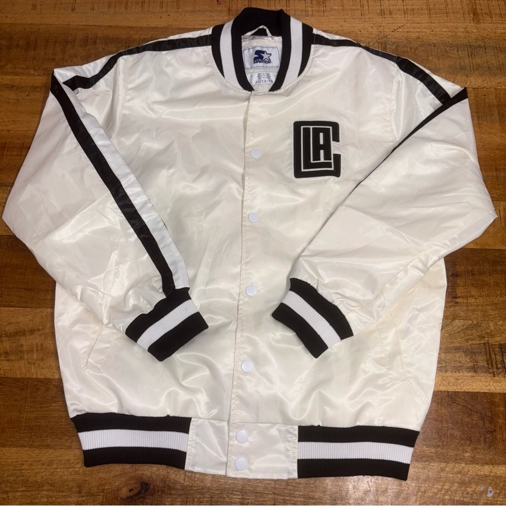 Vintage LA Clippers Starter Satin Full-Snap Varsity Jacket White/Black Size XL